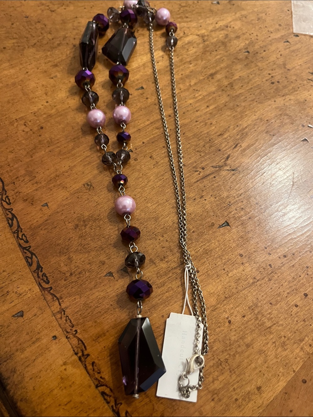 Long Purple Beaded Drop Necklace